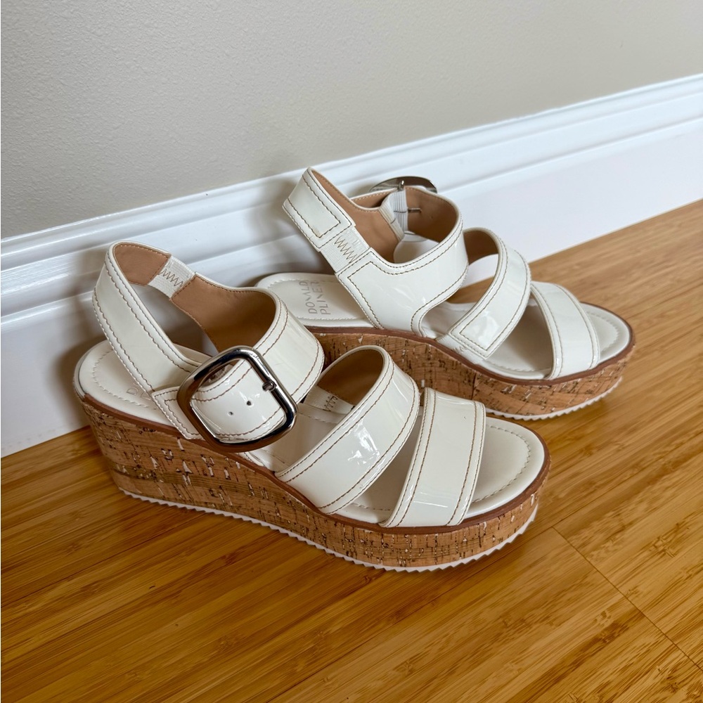 Donald J. Pliner Cream Patent Cork Wedge Sandals with Buckle